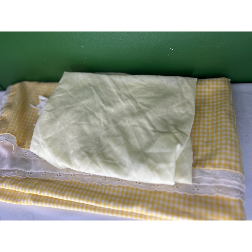 Vintage Yellow Gingham Crib Bedding Eyelet Lace Trim Fitted Sheet Bumper DOLL